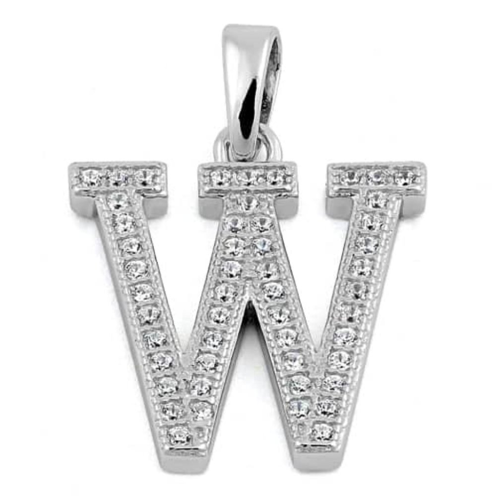 Sterling Silver Letter W CZ Initial Pendant